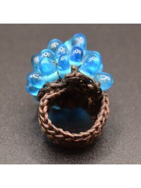 Handwoven Blue Glass Bead Ring Adjustable Boho Statement Jewelry